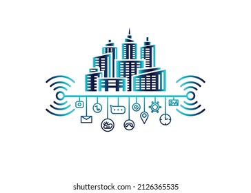 Abstract gradient image of a smart city. Contour images of wireless internet signs, various icons and the silhouette of an abstract city. Vector illustration.