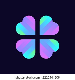 Abstract gradient iridescent gallographic clover logo four leaves heart shape, eco icon.  Pharmacy sign ecological business company, symbol nature. Simple clean vector herbal logotyp.