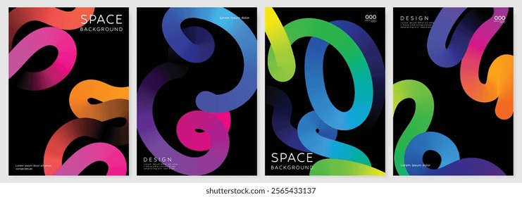Abstract gradient line card template design vector set. Creative concept modern art design with dynamic colorful line shapes with overlay effect. Illustration for celebration, branding, ads.