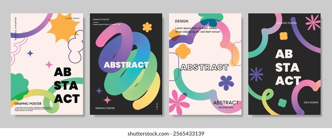 Abstract gradient line card template design vector set. Creative concept modern art design with dynamic colorful line shapes with overlay effect. Illustration for celebration, branding, ads.