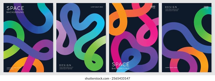 Abstract gradient line card template design vector set. Creative concept modern art design with dynamic colorful line shapes with overlay effect. Illustration for celebration, branding, ads.