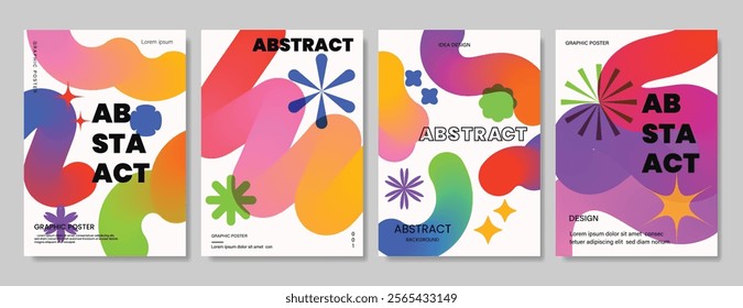 Abstract gradient line card template design vector set. Creative concept modern art design with dynamic colorful line shapes with overlay effect. Illustration for celebration, branding, ads.