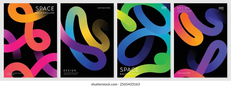 Abstract gradient line card template design vector set. Creative concept modern art design with dynamic colorful line shapes with overlay effect. Illustration for celebration, branding, ads.