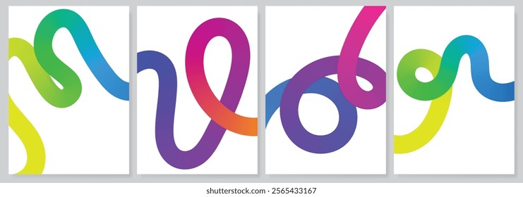 Abstract gradient line card template design vector set. Creative concept modern art design with dynamic colorful line shapes with overlay effect. Illustration for celebration, branding, ads.