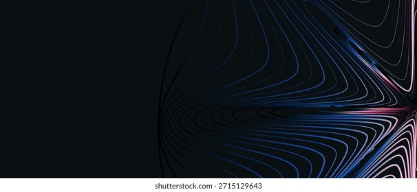 Curvas de linha de gradiente abstratas em plano de fundo escuro. Linhas fluindo futuristas formando onda digital, tecnologia cibernética e conceito de alta tecnologia. Fundo abstrato moderno para web design, banners, cartazes, capas, apresentações e promos.
