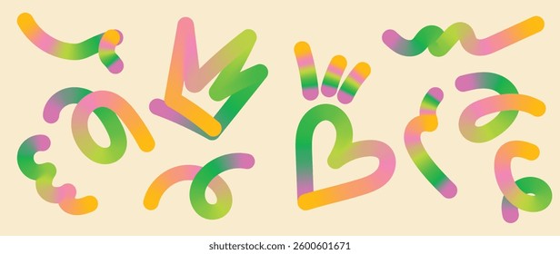 Abstract gradient line element design vector set. Creative concept modern art design with dynamic colorful wavy line shapes. Illustration for background, banner, card, poster, branding, ads.