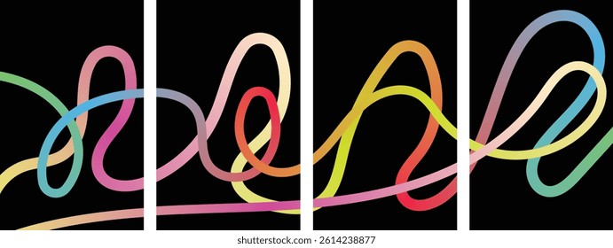 Abstract Gradient Line Patterns on Black Background. Vector Circle Shape Color Geometric. Rainbow Dynamic Waves and Circular Design Elements. abstract, neon, shape, design.