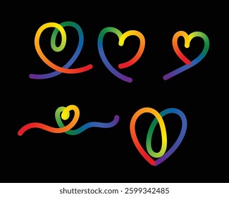 Abstract Gradient Line in the Shape of a Heart set .Modern ribbon shapes, intertwined loops, smooth curves. Perfect for Valentine's Day. Minimalist design, abstract romantic theme. Vector 