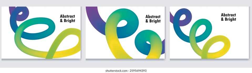 Abstract Gradient Lines Backgrounds 3D Vector Rainbow Squiggle Ribbons. Wave Shape Graphic Elements. Geometric Patterns with Wavy Spirals white Posters Design set . 