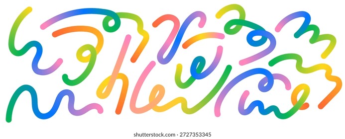 Abstract gradient lines. Bright rainbow shapes with fluid color and playful waves. Squiggly vector elements