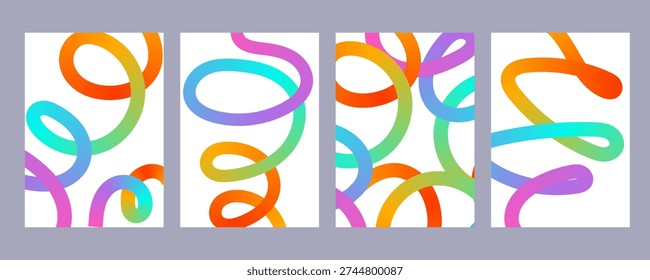 Abstract gradient lines, shapes. Set of Colorful fluid squiggly dynamic wavy elements with vibrant rainbow flow for modern graphic backgrounds, playful design banners, music projects, party flyers