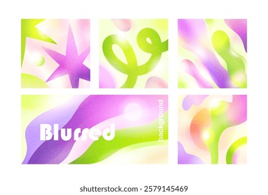 Abstract gradient mesh backgrounds with smooth flowing colors, blurred shapes, fluid patterns. Modern cards, banner design with soft blurry textures, light glowing effects. Flat vector illustrations