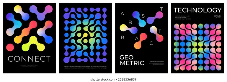 Abstract Gradient Metaball Shapes. Vector Poster Design with Color Aura Gradient. Trendy Geometric Technology Patterns on Black Backgrounds.