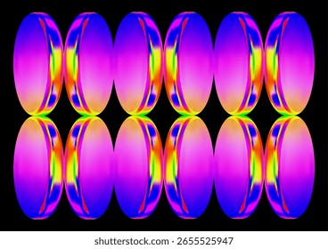 Formas redondas de neón degradado Abstractas sobre fondo negro. Disco de vidrio líquido azul rosado. Patrón futurista holográfico brillante. Vector 3D ilustración para el cartel, tarjeta, cubierta, Plantilla
