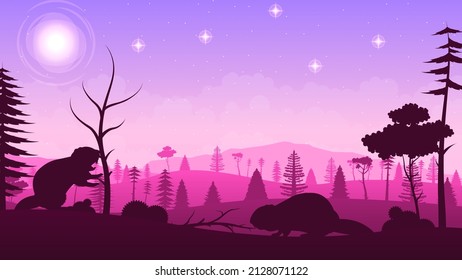 Abstract Gradient Pink Sky Color Forest Background With Tree And Beavers Vector Design Style Silhouette Nature Landscape