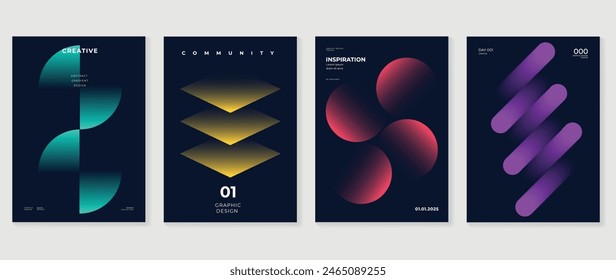 Conjunto de Vector de fondo de póster de degradado Abstractas. Plantilla de cubierta de estilo minimalista con colección de Formas de prisma geométrico 3d de perspectiva vibrante. Diseño ideal para redes sociales, portada, Anuncio, volante.