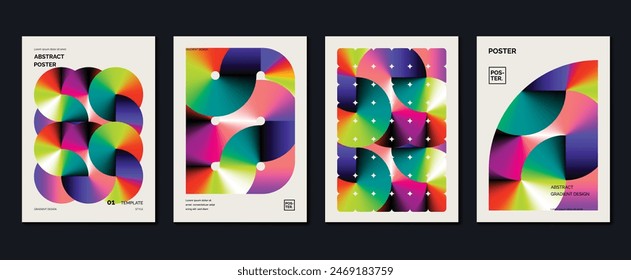 Abstract gradient poster background vector set. Minimalist style cover template with vibrant perspective 3d geometric prism shapes collection. Ideal design for social media, cover, banner, flyer.