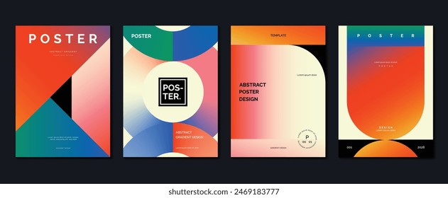 Abstract gradient poster background vector set. Minimalist style cover template with vibrant perspective 3d geometric prism shapes collection. Ideal design for social media, cover, banner, flyer.