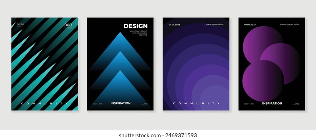 Abstract gradient poster background vector set. Minimalist style cover template with vibrant perspective 3d geometric prism shapes collection. Ideal design for social media, cover, banner, flyer.