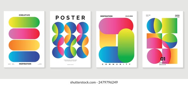 Abstract gradient poster background vector set. Minimalist style cover template with vibrant perspective 3d geometric prism shapes collection. Ideal design for social media, cover, banner, flyer.