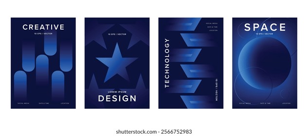 Abstract gradient poster background vector set. Minimalist style cover template with vibrant perspective 3d geometric prism shapes collection. Ideal design for social media, cover, banner, flyer.