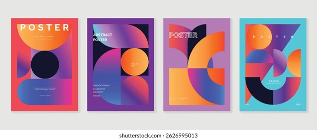 Abstract gradient poster background vector set. Minimalist style cover template with vibrant perspective 3d geometric prism shapes collection. Ideal design for social media, cover, banner, flyer.