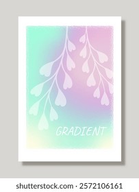 Abstract gradient poster. Branch with leaves silhouette with violet gradient. Foliage with blur effect. Holographic brochure. Template and layout. Flat vector illustration isolated on beige background