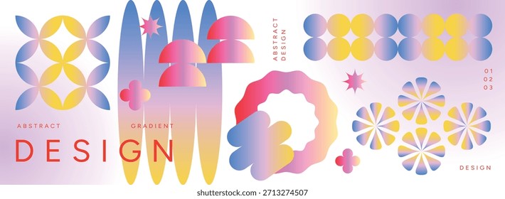 Abstract Gradient Poster Composition. Colorful Petal, Half Circle, Cluster and Star Shapes. Futuristic modern geometric layouts. Mesh Design elements for Poster, Background or Promo