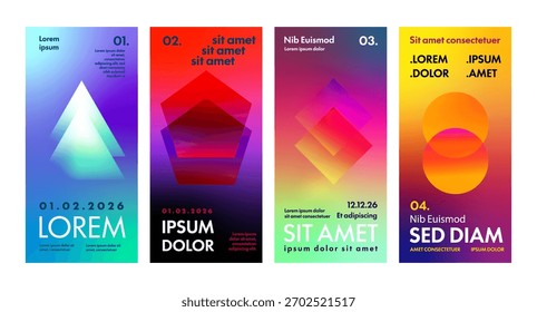 Cartel de gradiente Abstractas, volante y conjunto de Vector de Anuncio. Plantillas de fondo de Formas gráficas geométricas modernas para eventos, música y diseño digital