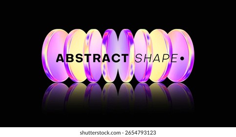 Cartaz de gradiente abstrato com forma de vidro. Cor fluido gradiente círculo disco fundo preto. Tecnologia geométrica padrão abstrato. Elemento redondo de vidro iridescente. Ilustração vetorial