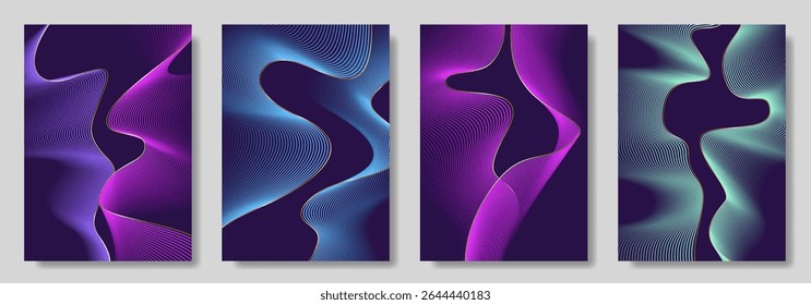 Abstract gradient poster set with wavy сolorful and gold lines. Modern vector background cover templates with 3D effects in motion. Artistic design for cover, flyer, banner, social media, music, ads. 