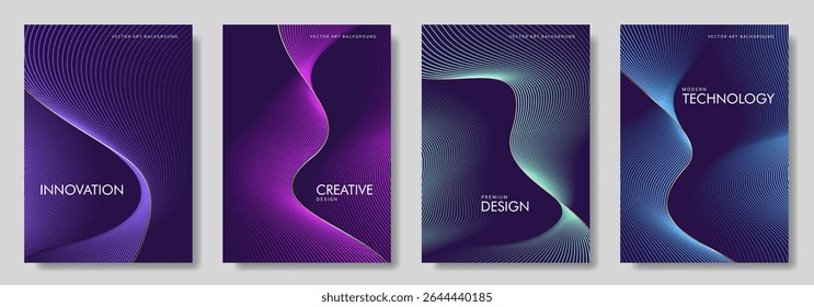 Abstract gradient poster set with wavy сolorful and gold lines. Modern vector background cover templates with 3D effects in motion. Artistic design for cover, flyer, banner, social media, music, ads. 