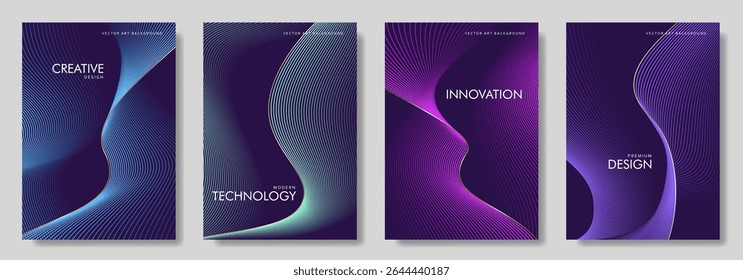 Abstract gradient poster set with wavy сolorful and gold lines. Modern vector background cover templates with 3D effects in motion. Artistic design for cover, flyer, banner, social media, music, ads. 