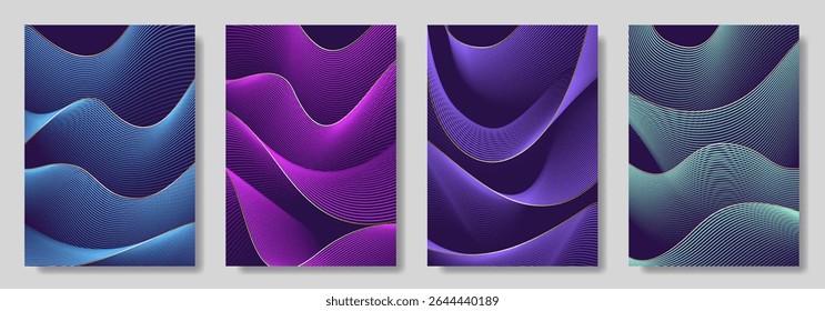Abstract gradient poster set with wavy сolorful and gold lines. Modern vector background cover templates with 3D effects in motion. Artistic design for cover, flyer, banner, social media, music, ads. 