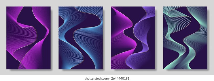 Abstract gradient poster set with wavy сolorful and gold lines. Modern vector background cover templates with 3D effects in motion. Artistic design for cover, flyer, banner, social media, music, ads. 