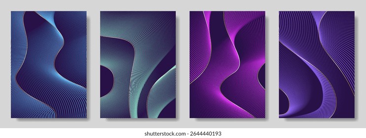 Abstract gradient poster set with wavy сolorful and gold lines. Modern vector background cover templates with 3D effects in motion. Artistic design for cover, flyer, banner, social media, music, ads. 