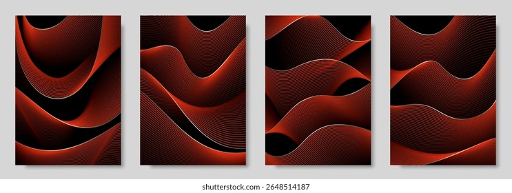 Abstract gradient poster set with wavy red and gold lines. Modern vector background cover templates with 3D effects in motion. Artistic design for cover, flyer, banner, social media, music, ads.