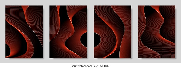 Abstract gradient poster set with wavy red and gold lines. Modern vector background cover templates with 3D effects in motion. Artistic design for cover, flyer, banner, social media, music, ads.