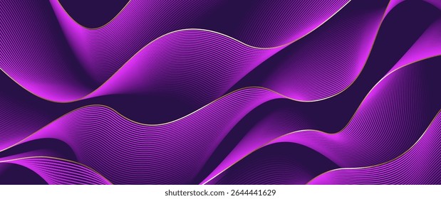 Abstract gradient poster vector background with wavy purple and gold lines. Modern  cover templates with 3D effects in motion. Artistic design for cover, flyer, banner, social media, music, ads. 