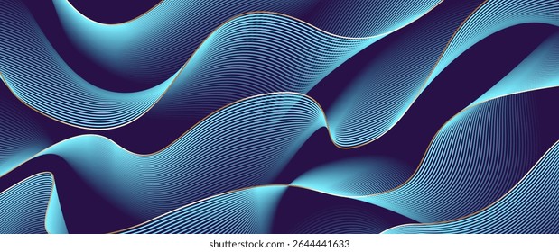 Abstract gradient poster vector background with wavy blue and gold lines. Modern  cover templates with 3D effects in motion. Artistic design for cover, flyer, banner, social media, music, ads.