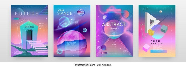 Abstract gradient posters. Concept banner with fancy galaxy and technology. Cosmos backdrop. Hologram colors futuristic creative contemporary minimal backdrop. Vector planetary flight cards