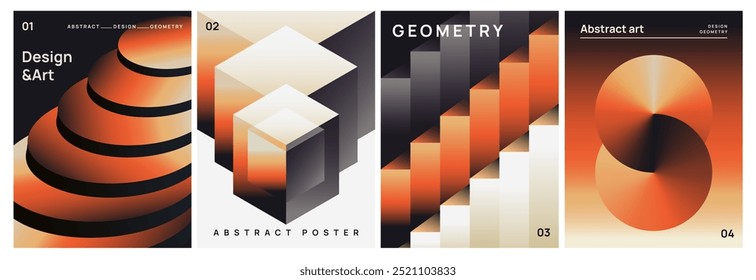 Abstract gradient posters set. Minimalistic covers or flyers with bright geometric shapes in 3D perspective. Design Elements for Social Media. Vector illustration collection isolated on background