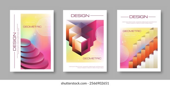 Abstract gradient posters set. Minimalistic creativity and art. Gradient psychedelic ornaments. Flyers and booklets, leaflet. Flat vector collection isolated on white background