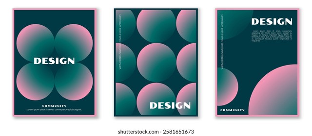 Abstract gradient posters set. Pink and green spheres and circles. Typography and corporative brochure. Minimalistic creativity and art. Flat vector collection isolated on white background