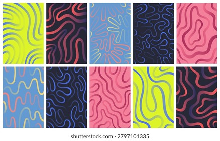 Abstract gradient rectangle backgrounds set. Twisted lines, fluid, curved, wiggling stripes, waves vector templates. Liquid, chaotic retro maze ornaments, groovy hippie patterns collection. Doodle, uneven hand drawn wavy, organic winding distorted lines stripes