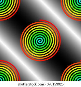 Abstract gradient red to blue spirals on white black background seamless pattern