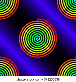 Abstract gradient red to blue spirals on purple black background seamless pattern
