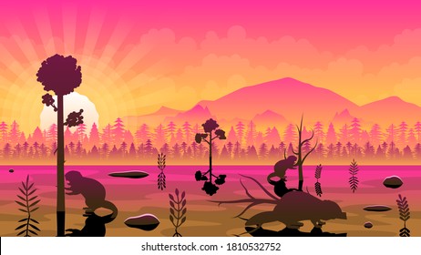 Abstract Gradient Red Field Nature Background WIth Sun Mountains Trees Beavers Nature Landscape Vector Design Style