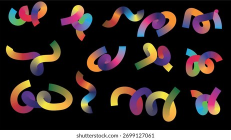 Abstrato Gradiente Fitas trançadas e enroladas no fundo preto Palavras-chave: abstrato, fita, gradiente, redemoinho, curva