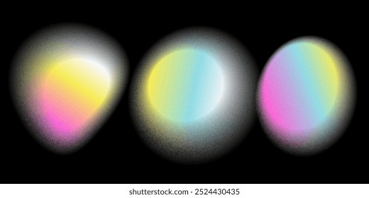 Abstract gradient round shapes, neon blue pink yellow shine. Flowing and digital blob shapes, light and dynamic aura. Isolated e9s10 vector illustration on black background.